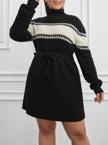 EURMUSE Plus Relaxed Fit Colorblock Detailed Knit Designed Sweater Short Dress - Black and White - View 3