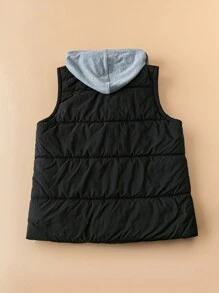 SHEIN LUNE Plus Size Plain Color Splicing Front Button Sleeveless Pocket Simple Hooded Casual Top Jacket Coat For Winter Clothes - Black - View 2