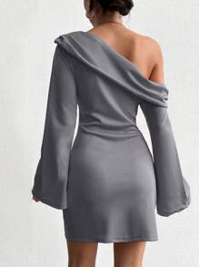 EURMUSE Asymmetrical Neck Ruched Bodycon Dress - Grey - View 2