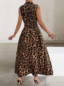 Xyvia Women's Front Button Collared Sleeveless Animal Leopard Print Pocket Casual Dress Maxi Women Outfit