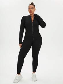 SHEIN Sports Plus Size Solid Color & And Shorts, Stretchy Sports Set - Black - View 6