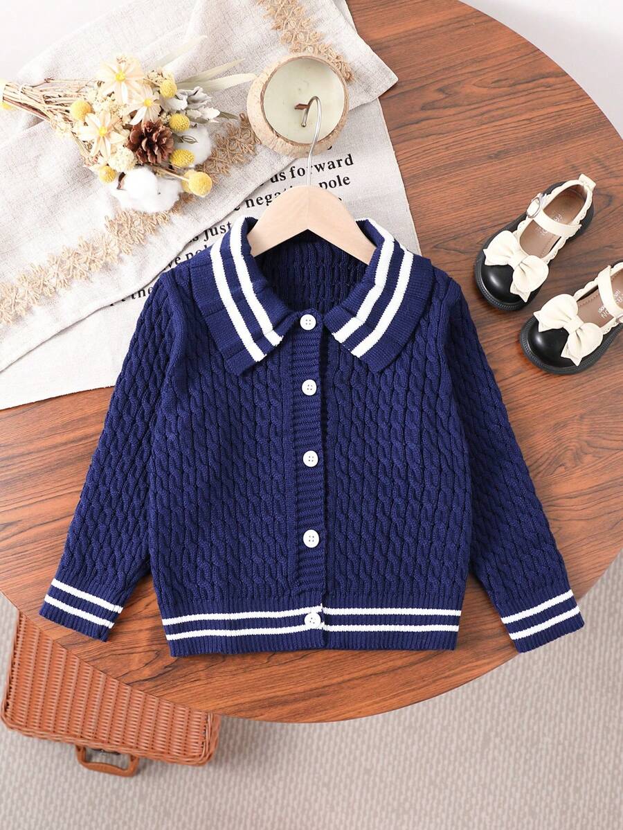 Young Girl Striped Print Button Front Long Sleeve Knit Cardigan - Royal Blue - View 1