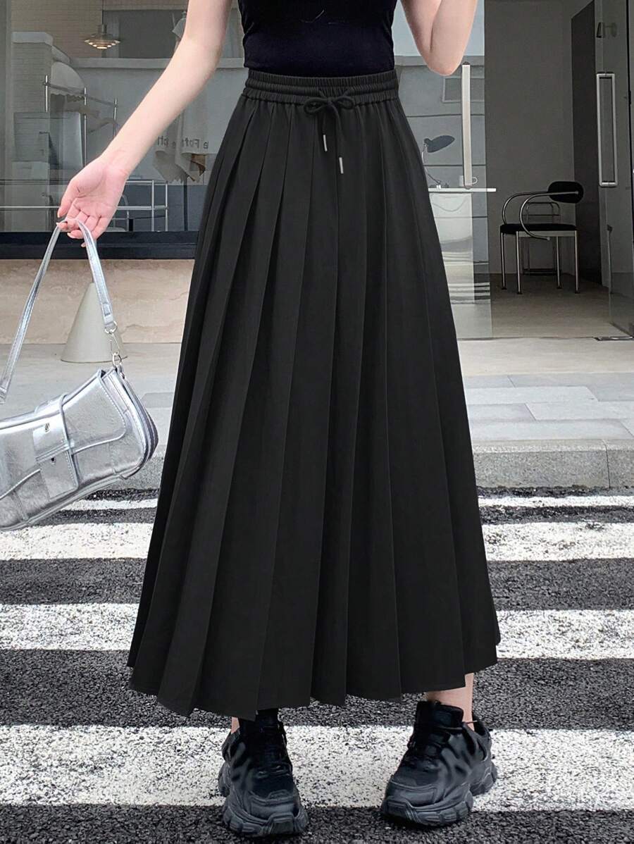 DAZY Women Solid Color Drawstring Waist Pleated Midi Skirt,Fall Clothes Winter Women Skirts - Black - View 1