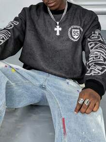 Manfinity VCAY Men Casual Letter Print Loose Drop Shoulder Sweatshirt For Autumn, For Fall Winter - Grey - View 1