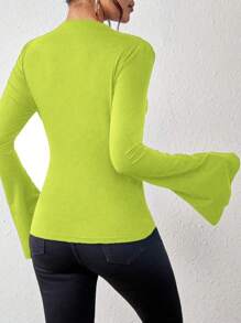 Chiquease 1 chiếc áo thun tay loe xếp ly màu trơn thường ngày, mùa thu, áo tay chuông - màu xanh lá - Xem 2