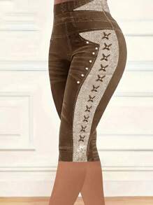 SHEIN Clasi Quần legging in họa tiết denim cỡ lớn cho nữ 3/4 - màu nâu - Xem 3