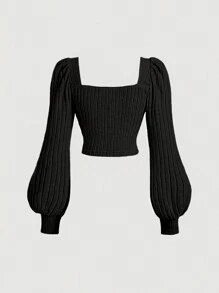 SHEIN MOD 女式黑色休闲方领灯笼袖 T 恤，秋冬款 - 黑色 - 查看 2