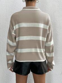 EURMUSE 條紋圖案半拉鏈落肩袖套頭毛衣 - 白色 - 查看 4