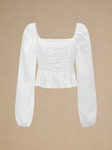 Poéselle Áo cánh tay bồng xếp ly thêu viền màu trắng mùa thu công sở, thanh lịch - trắng - Xem 2