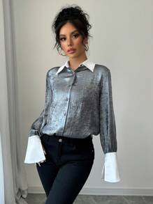 Calvaya Camisa larga holgada de manga larga con contraste de color metálico para mujer, de uso casual en otoño