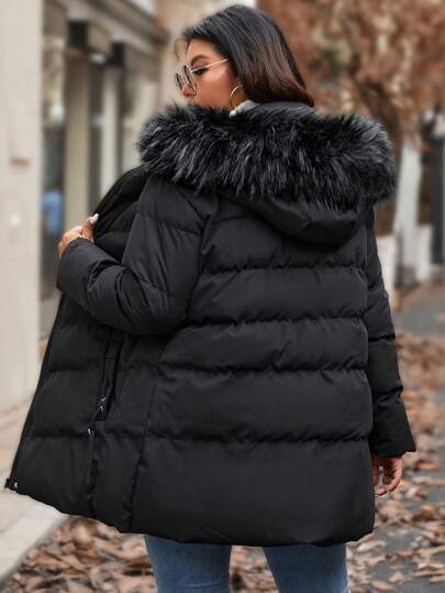 Calvaya Plus Size Asymmetric Quilted Hooded Long Sleeve Mid-Length Padded Padded Coat Clothes Winter With Removable Furry Collar Fall Cloth For Women Autumn