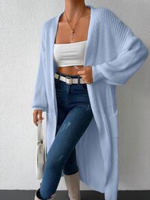 Women's Loose Drop Shoulder Solid Color Knitted Cardigan With Large Pockets - Baby Blue - View 6