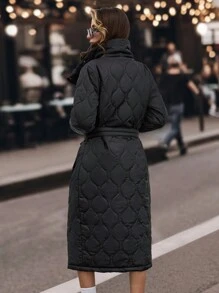 EURMUSE Quilted Belted Long Padded Coat Fashionable - Black - View 2