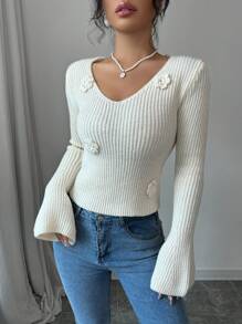 Chiquease Áo len nữ tay dài cổ chữ V trơn, họa tiết hoa, kiểu dáng dệt kim, thích hợp cho mùa thu đông. - trắng - Xem 3