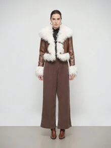 Aalyst Women Winter Long Sleeve Fluffy Patchwork Fashion Jacket Fall Cloth For Women - Brown - View 1