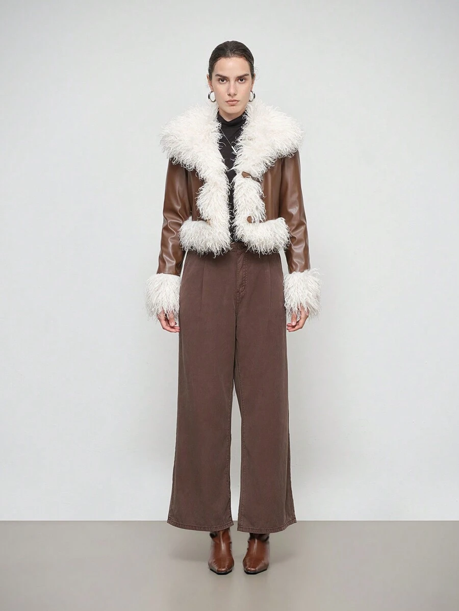 Aalyst Women Winter Long Sleeve Fluffy Patchwork Fashion Jacket Fall Cloth For Women - Brown - View 1