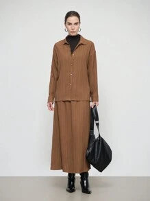 SHEIN LUNE 2 件套女士纯色落肩长袖纽扣衬衫和中长裙休闲套装，秋季 - 棕色 - 查看 1