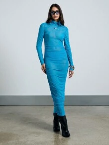 AiiRZ Sheer Mesh Long Sleeve Stand Collar Ruched Bodycon Maxi Dress - Blue - View 4