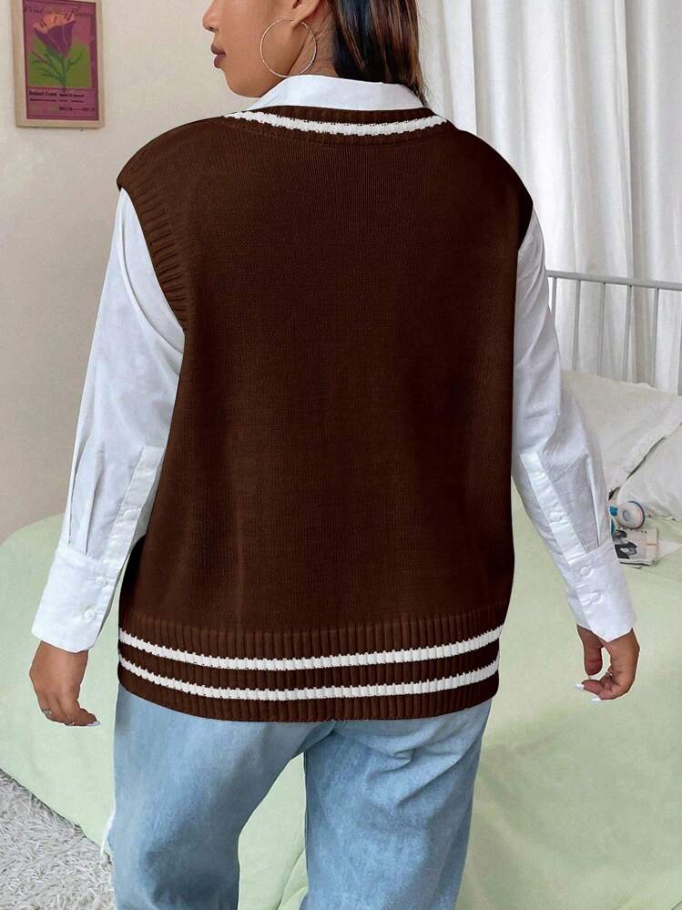 Flirla Plus Striped Trim Cable Knit Sweater Vest Without Blouse