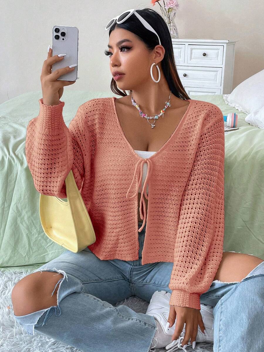 Flirla Plus Size Solid Color Tie-Front Casual Long Sleeve Knitted Cardigan - Watermelon Pink - View 1