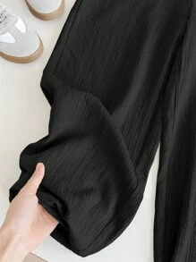 SHEIN LMoss Kids LMoss 少女纹理面料抽绳松紧腰宽松阔腿裤 - 黑色 - 查看 5