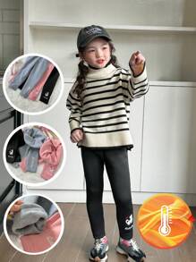 SHEIN Bộ 3 quần legging thêu cho bé gái, màu hồng/đen/xám, họa tiết thỏ, mèo, chó dễ thương, lót nhiệt mềm mại, trang phục thường ngày, xuân/thu/đông - Nhiều màu - Xem 1