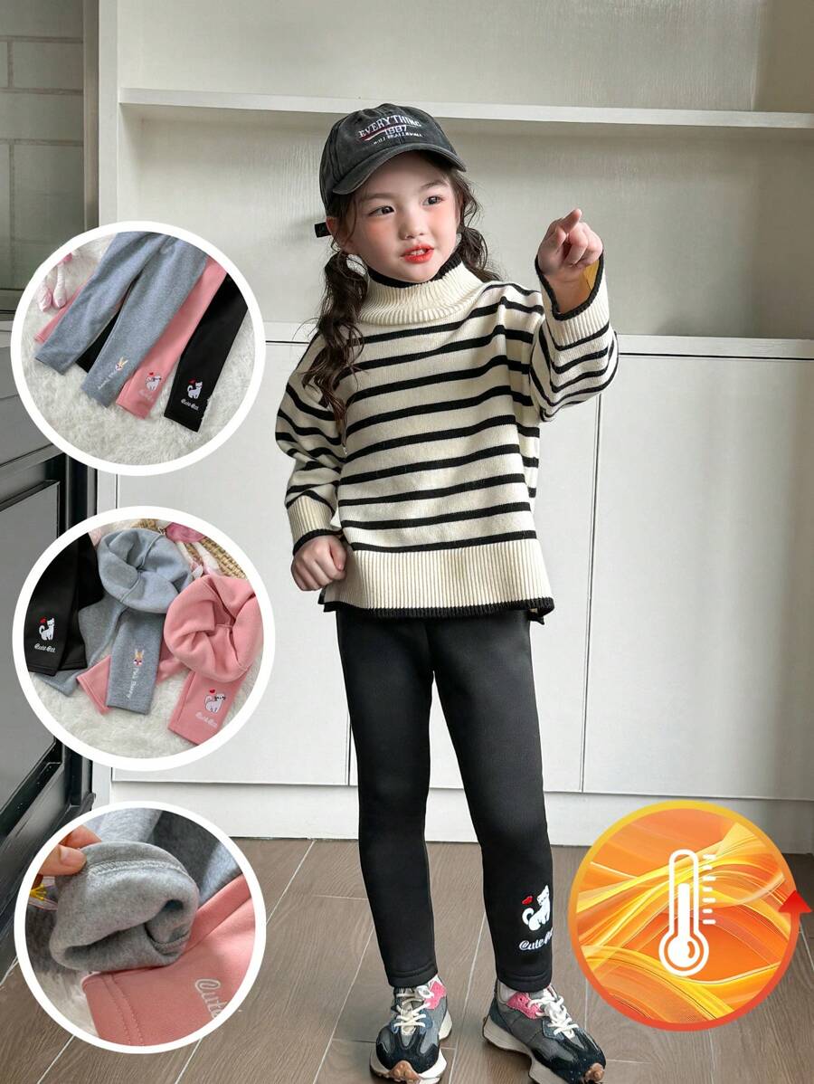 SHEIN Bộ 3 quần legging thêu cho bé gái, màu hồng/đen/xám, họa tiết thỏ, mèo, chó dễ thương, lót nhiệt mềm mại, trang phục thường ngày, xuân/thu/đông - Nhiều màu - Xem 1