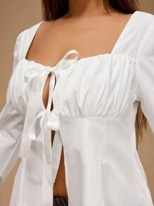 Forever 21 Plus Size damska elegancka bluzka z falbanką i rękawami dzwonkowymi, wiązana z przodu, jesień - Biały - Zobacz 5