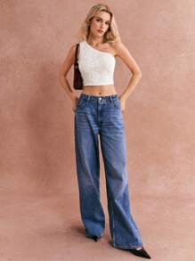 Poéselle Women Apricot Three-Dimensional Flower Crochet Top Fashion Solid Color Jacquard Asymmetric Neck Sleeveless Cropped Top FW24 Fall Clothes Slanted Shoulder Vest Women Corset Tops Fall Women Clothes Fall Tops Women Vest - Apricot - View 4