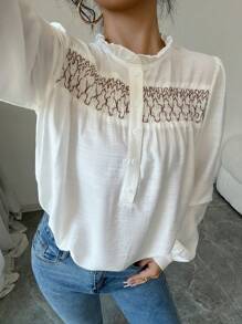 Chiquease Áo sơ mi dài tay rộng phối ren viền bèo màu trơn cho nữ, áo cánh thanh lịch cho mùa thu - Màu be - Xem 7