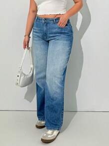 EURMUSE Plus High Waist Wash Detailed Straight Jean - Medium Wash - View 7