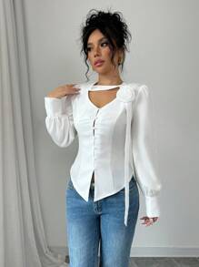 Chiquease Blusa elegante de cuello en V con estampado floral y diseño fruncido para mujer, camisa femenina con diseño plisado y favorecedor - Blanco - Ver 3