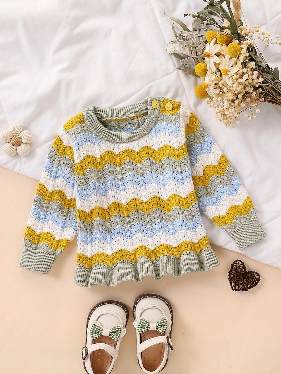 Baby Girl Fashionable Cute Versatile Contrasting Wave Stripe Knit Sweater - Multicolor - View 1