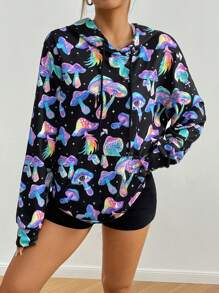 Flirla Black Fluorescent Mushroom Digital Print Hoodie Sweatshirt With Kangaroo Pocket And Drop Shoulder Casual Sports Wear,Long Sleeve Tops