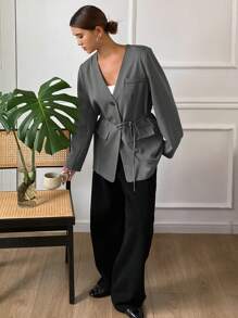 Livesso Plain Loose Pocket Batwing Sleeve Belted Women Blazer Jacket