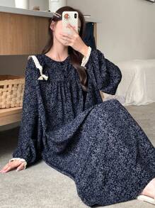 DAZY Sweet Floral Ruffle Trim Patchwork Nightgown Pajama, Moo Moo, For Fall, Winter - Navy Blue - View 6