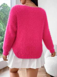 Flirla Plus Size Pink Thick Warm Soft Fluffy Pullover Sweater Knit Pullover Fall Winter - Hot Pink - View 2
