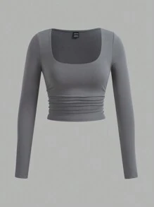 SHEIN EZwear 3 chiếc áo thun dài tay cổ vuông nhún eo cơ bản cho nữ, hàng mới về - Nhiều màu - Xem 9