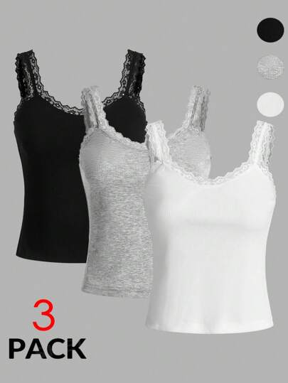 SHEIN Essnce Plus Size Women's Hollowed Costumes Thanksgiving Women Outfit Autumn And Winter Fashion Casual Commuting Lace Splicing Suspenders Black, White, Gray 3-Piece Camisole Tops Going Out Tops Beach Women Outfits Halloween Women Costumes Women Vest