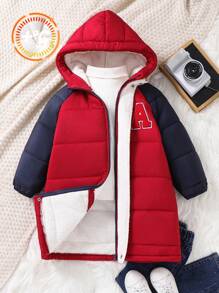 SHEIN 1pc Young Boys Casual Comfortable Warm Classic Blue & Red Pieced Hooded Long Padded Coat, Suitable For Outings, School, Daily Gatherings, Autumn & Winter Seasons