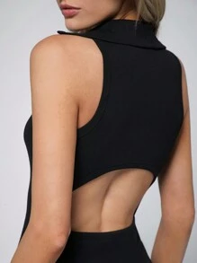 SHEIN EZwear Women's Black Polo Collar Button Front Sleeveless Midi Bodycon Dress