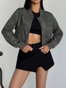 SHEIN Privé Áo khoác bomber PU thời trang Y2K ICON hiện đại, màu xám-xanh lá, thu/đông - màu xanh lá - Xem 4
