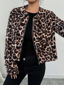 SHEIN Privé Chaqueta abotonada con manga larga, cuello vuelto y estampado de leopardo retro de moda casual para mujer, otoño/invierno - Multicolor - Ver 1