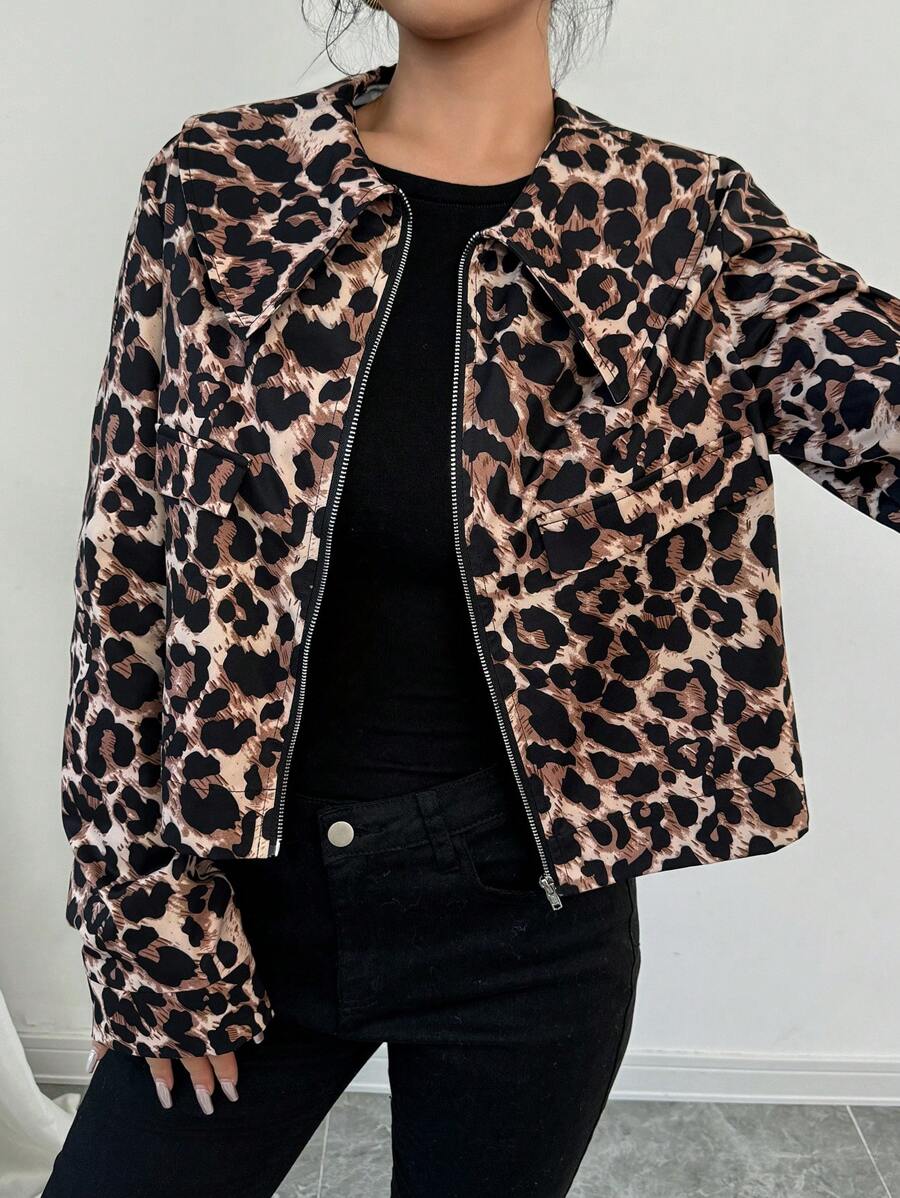 SHEIN Privé Chaqueta abotonada con manga larga, cuello vuelto y estampado de leopardo retro de moda casual para mujer, otoño/invierno - Multicolor - Ver 1