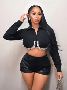 BamGleam 时尚水钻装饰短款衬衫，秋季女士黑色衬衫