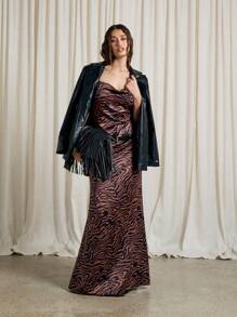 AiiRZ 虎纹印花围脖领细肩带后背系带细节长连衣裙 - 棕色 - 查看 4