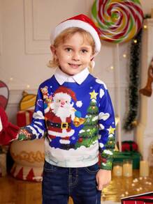 SHEIN Young Boy Christmas Sweater, New Winter Collection, Santa Claus Cartoon Pattern, Adorable Blue Tone, Unique Display, Suitable For Everyday Wear, Outings, And Various Occasions
