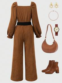 青少年女孩休闲圆领灯笼袖阔腿连体裤，秋季 - 摩卡棕 - 查看 2