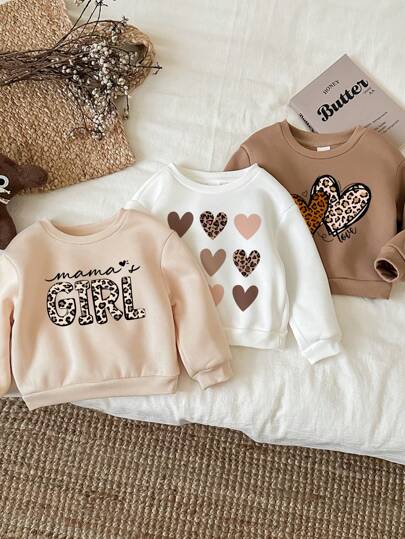 SHEIN 3 件套女婴休闲宽松心形图案加厚保暖内衬长袖运动衫，秋冬