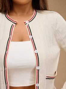 Forever 21 Plus Size Women Striped Print Pocket Front Button Long Sleeve Cardigan, Autumn/Winter - Apricot - View 7